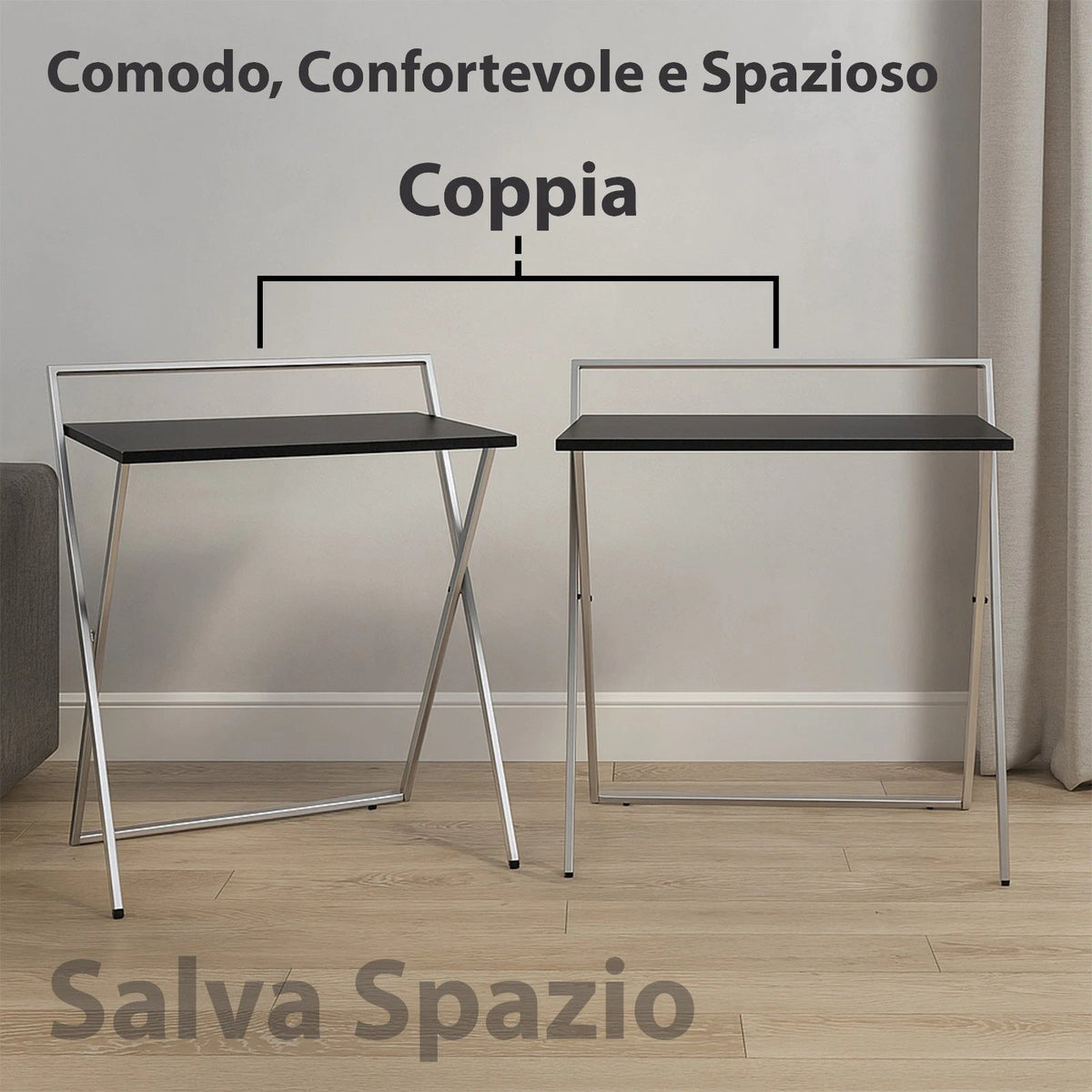 Scrivanie Pieghevoli Salvaspazio in Metallo e Legno Nero 2 pezzi