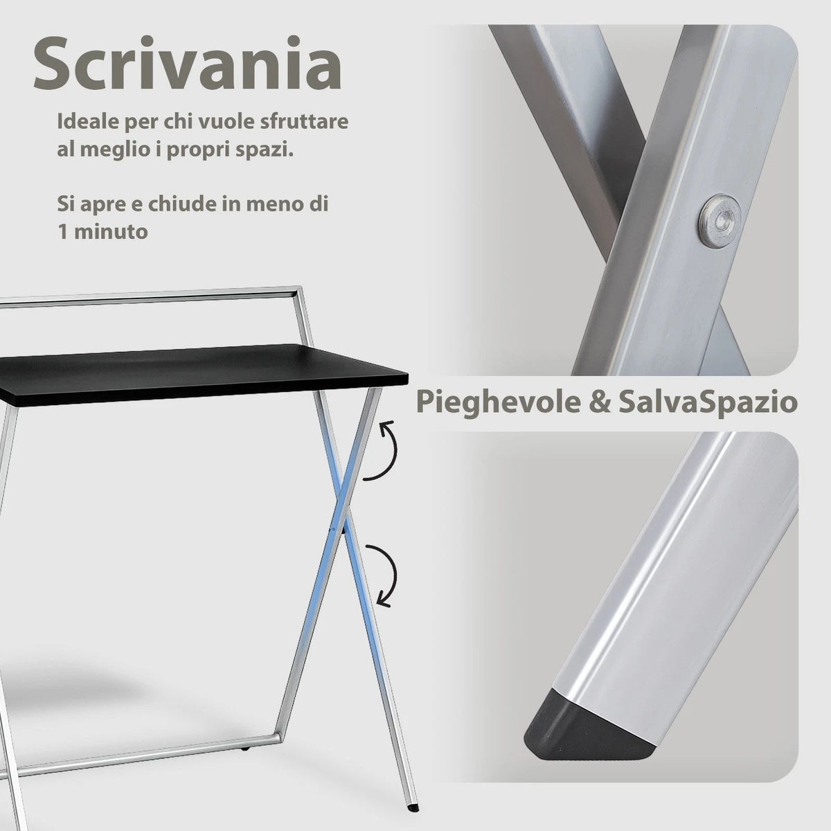 Scrivanie Pieghevoli Salvaspazio in Metallo e Legno Nero 2 pezzi