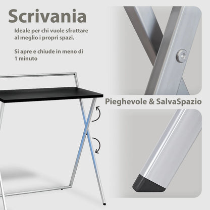 Scrivanie Pieghevoli Salvaspazio in Metallo e Legno Nero 2 pezzi