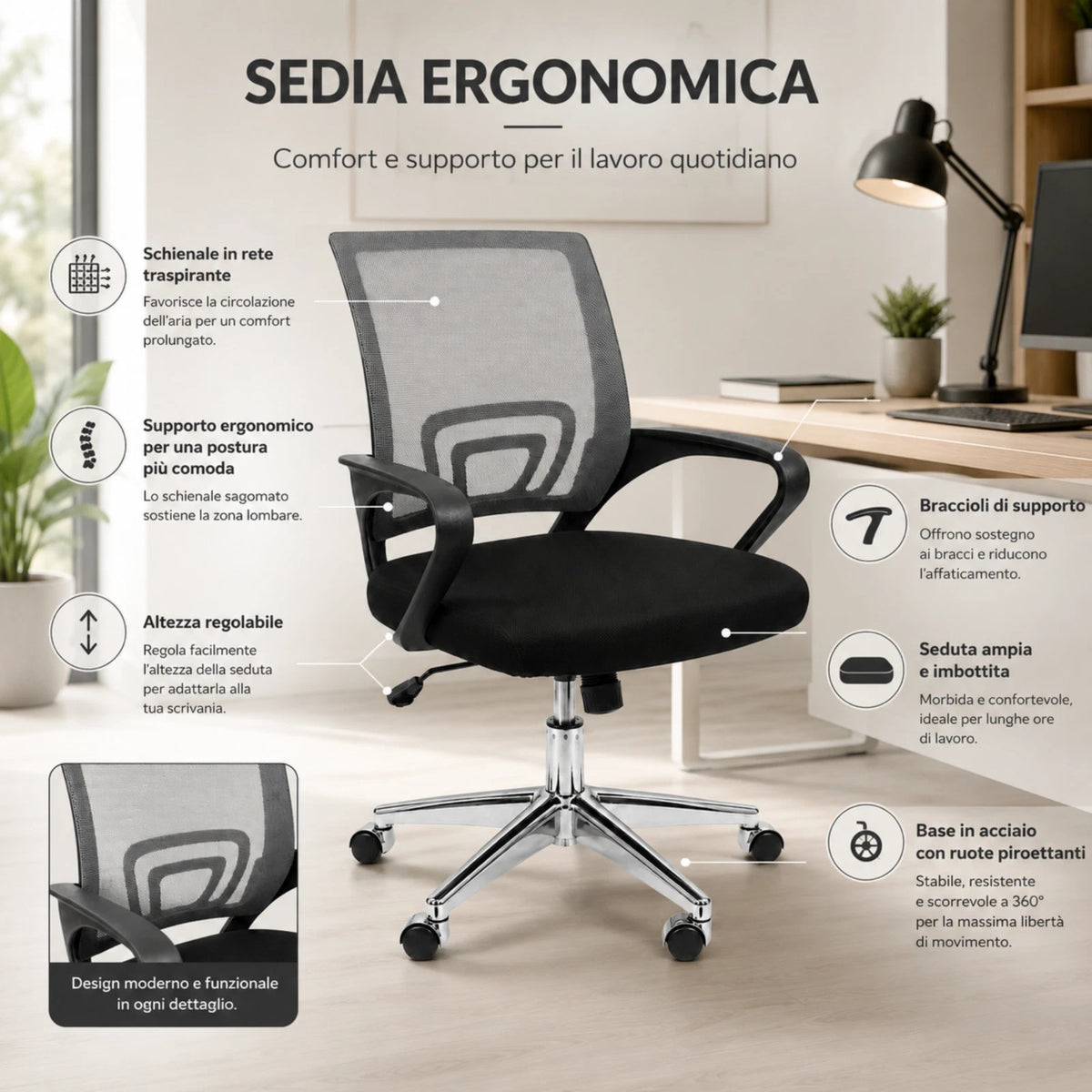 Sedia Ergonomica da Scrivania Salvaspazio con Supporto Lombare