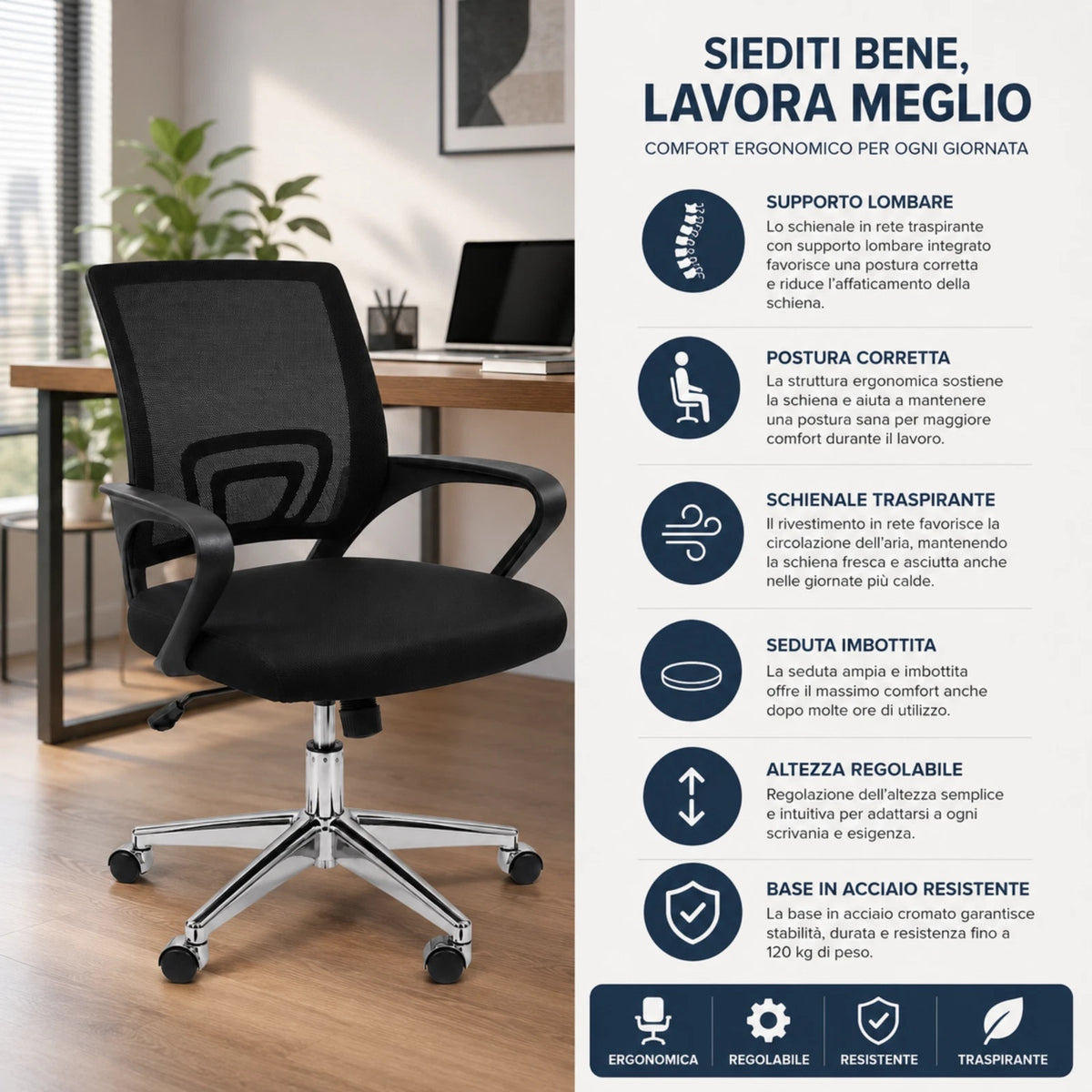 Sedia Ergonomica da Scrivania Salvaspazio con Supporto Lombare