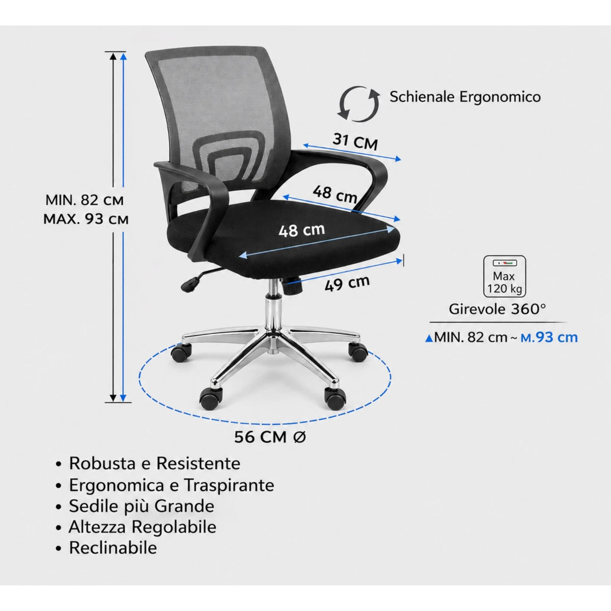 Sedia Ergonomica da Scrivania Salvaspazio con Supporto Lombare