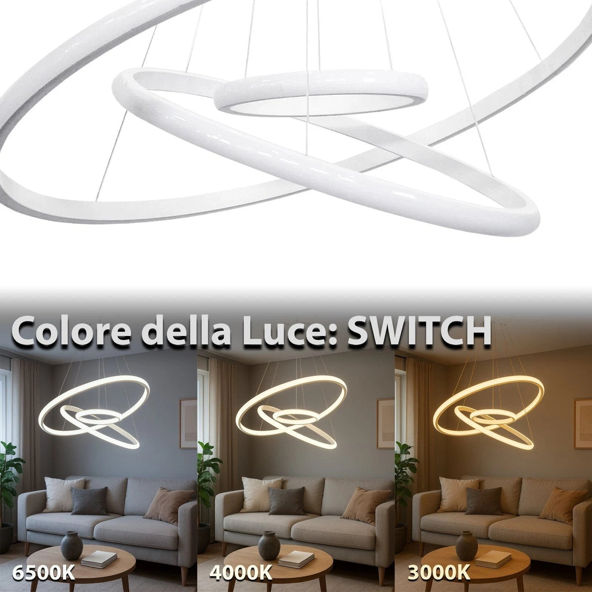 Lampadario LED bianco moderno a 3 anelli sospesi da soffitto 68W