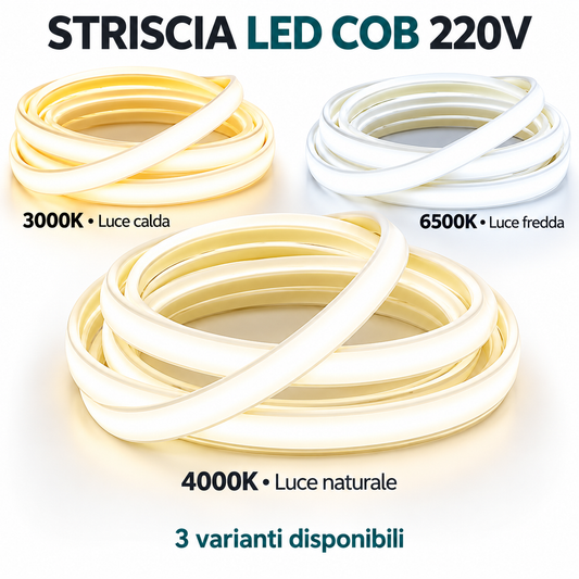 Striscia LED COB 220V nelle tre temperature 3000K, 4000K e 6500K