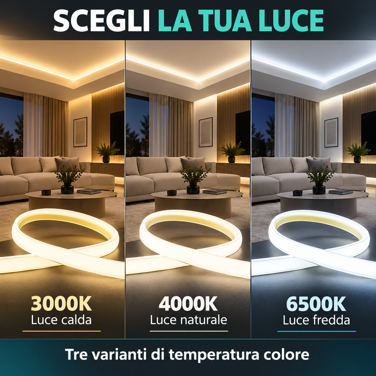 Confronto luce calda 3000K, naturale 4000K e fredda 6500K
