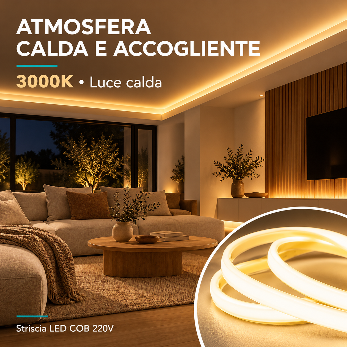 Illuminazione del soggiorno con luce calda 3000K