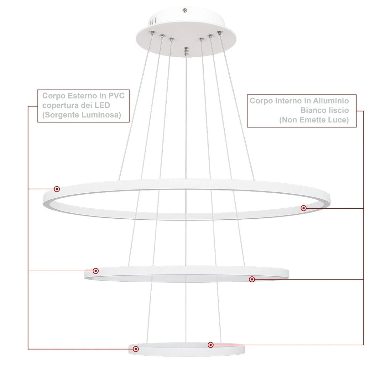 Lampadario LED bianco moderno a 3 anelli sospesi da soffitto 68W