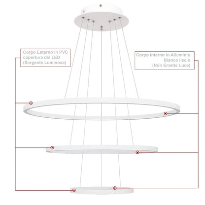 Lampadario LED bianco moderno a 3 anelli sospesi da soffitto 68W