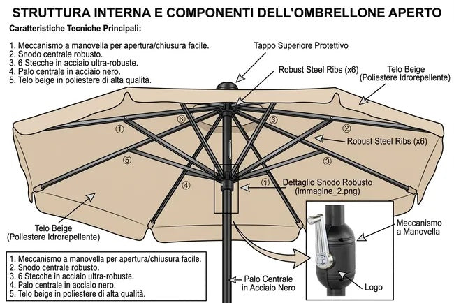 Ombrellone Palo Centrale 3x2 Beige Acciaio Antivento