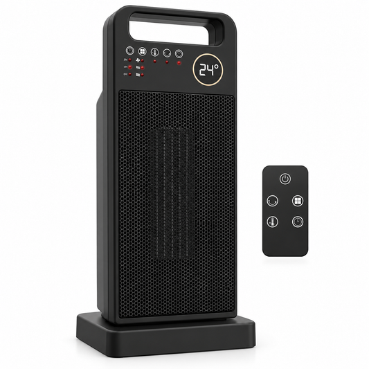 Stufa elettrica ceramica 2000W con telecomando su sfondo bianco