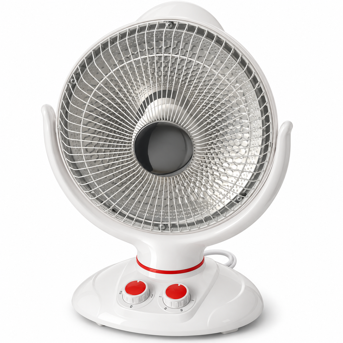 Stufa elettrica radiante bianca e rossa 450/900 W su sfondo bianco