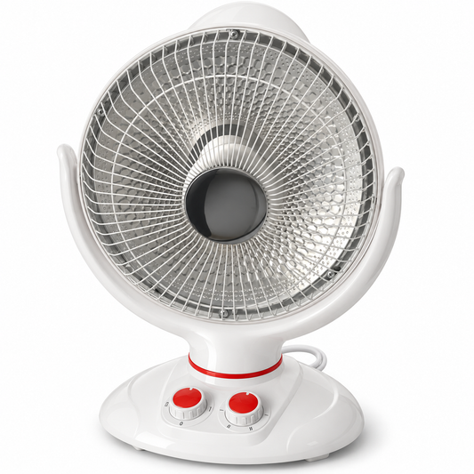 Stufa elettrica radiante bianca e rossa 450/900 W su sfondo bianco