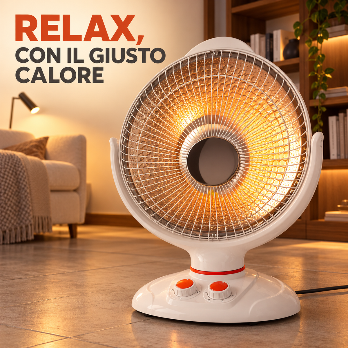 Stufa elettrica radiante ambientata in angolo lettura