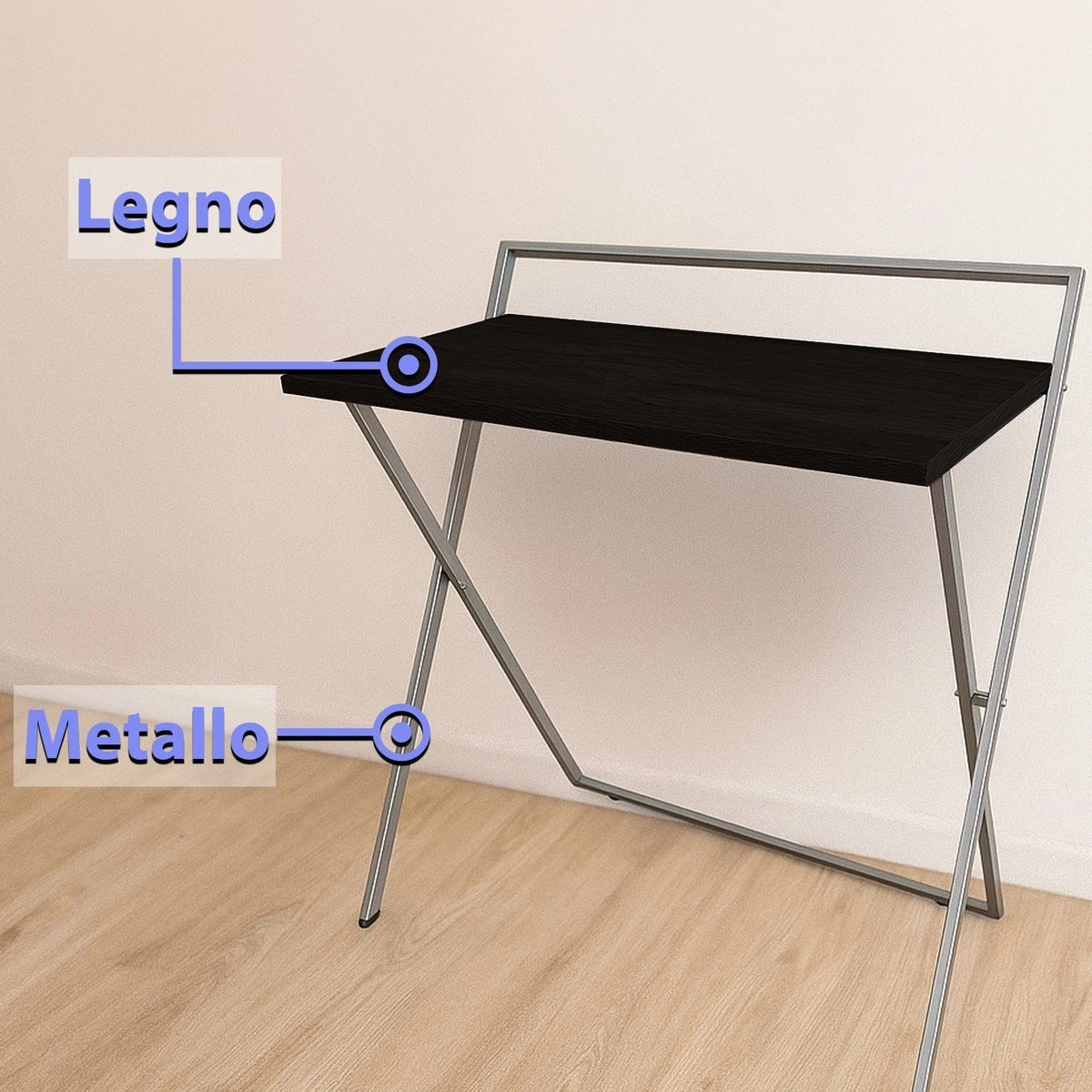 Scrivanie Pieghevoli Salvaspazio in Metallo e Legno Nero 2 pezzi