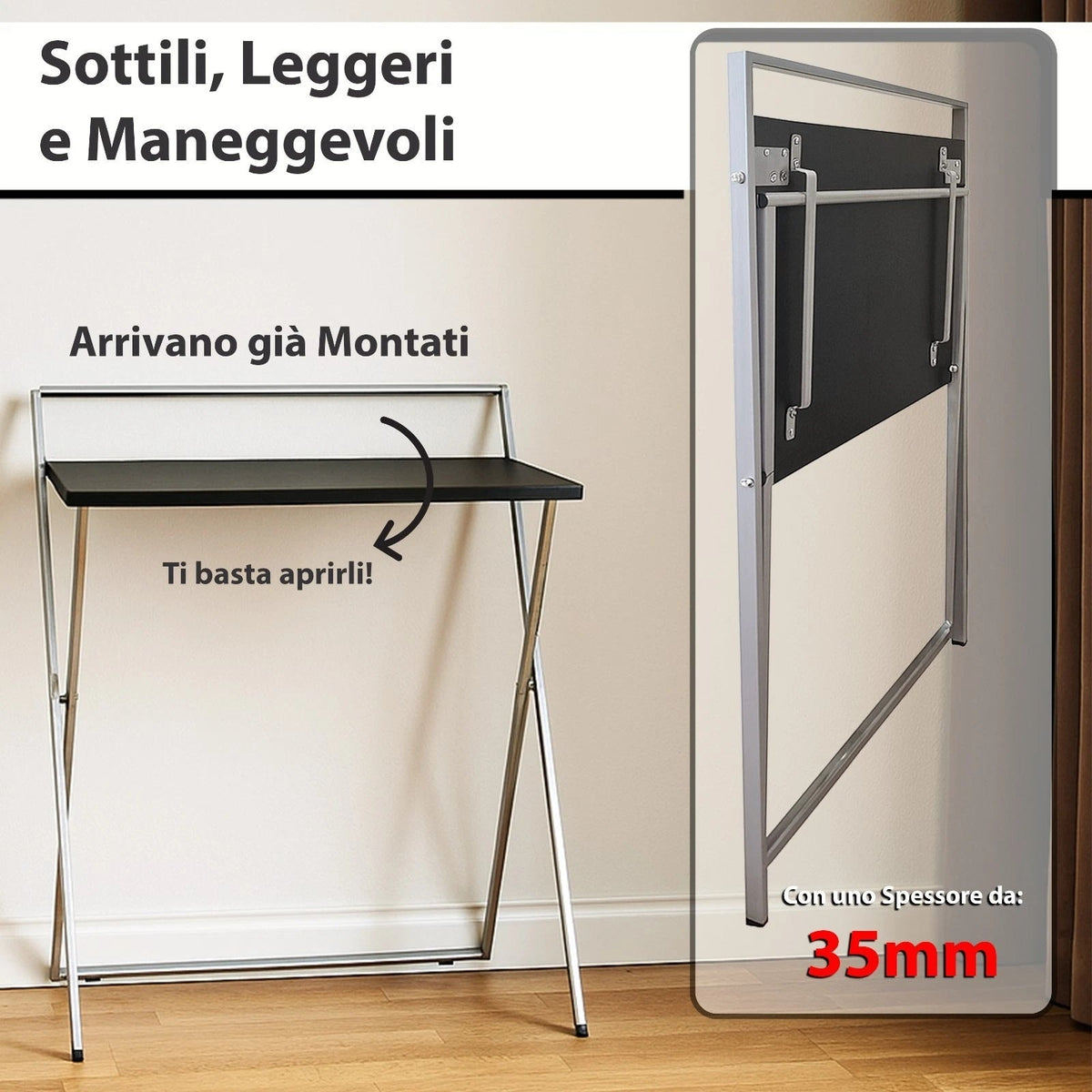 Scrivanie Pieghevoli Salvaspazio in Metallo e Legno Nero 2 pezzi