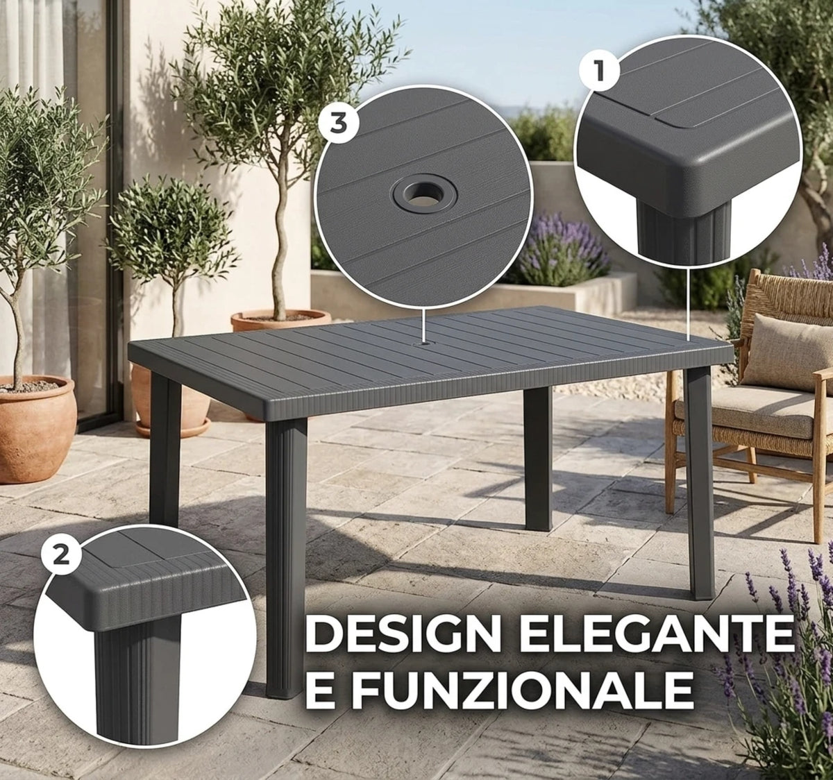 Tavolo da Giardino Rettangolare 120x80 con Foro Ombrellone
