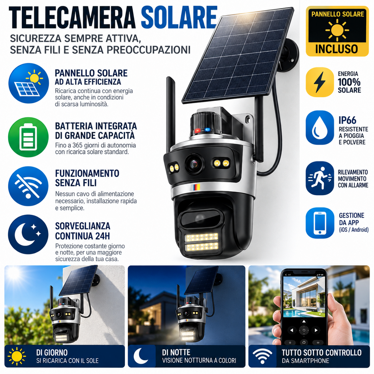 Infografica telecamera solare con pannello, AI, IP66 e controllo da app