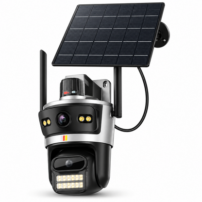 Telecamera solare da esterno con pannello solare, vista frontale