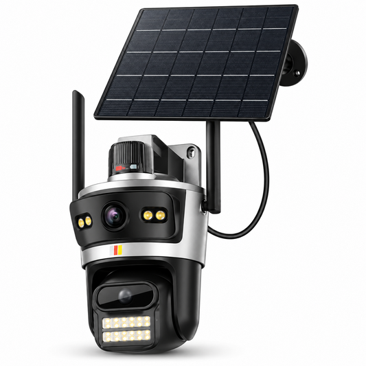 Telecamera solare da esterno con pannello solare, vista frontale