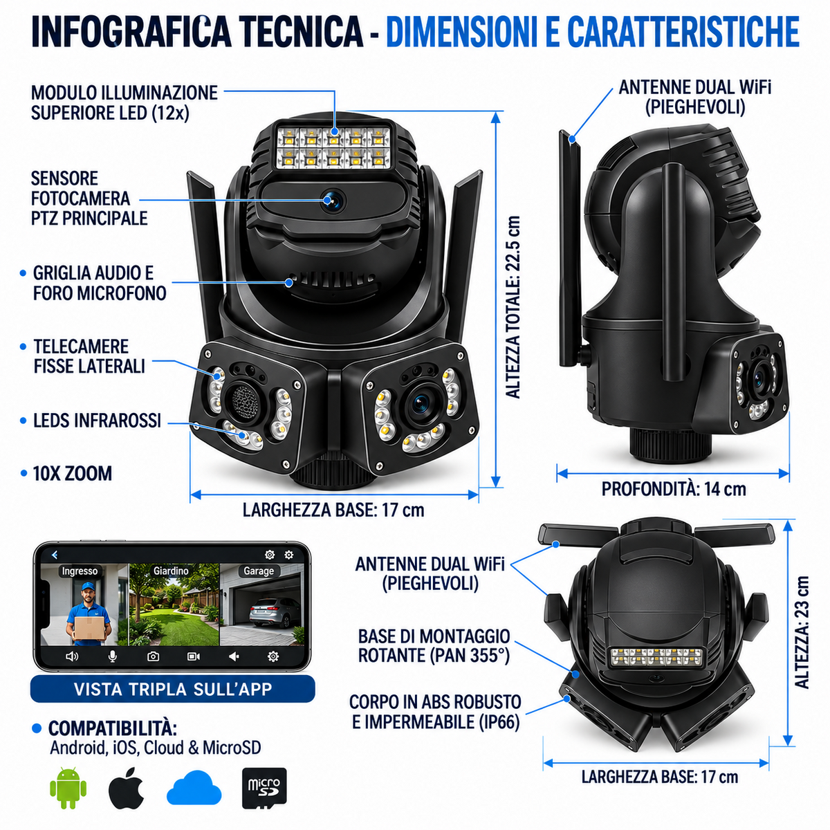Infografica tecnica telecamera WiFi smart con dimensioni, IP66, WiFi e rotazione 355 gradi