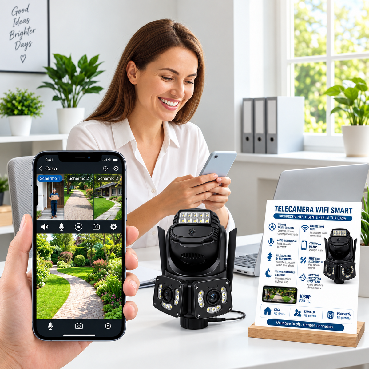 Telecamera WiFi smart controllata da smartphone per videosorveglianza di casa e giardino