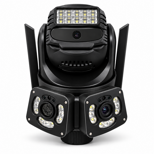 Telecamera WiFi smart da esterno nera con vista tripla e illuminazione LED