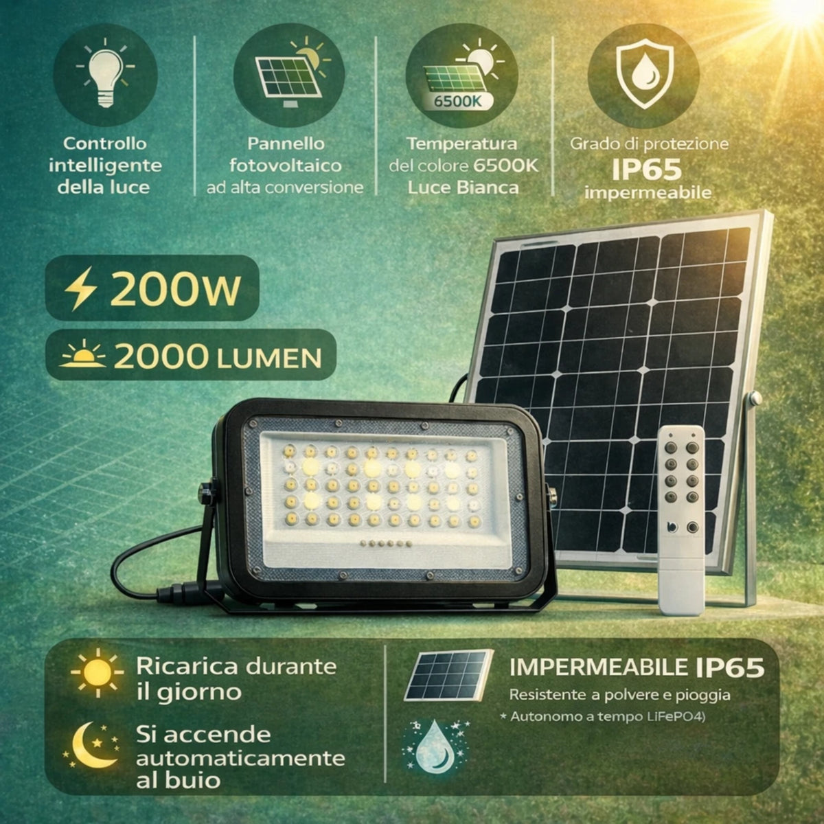 Faro LED Solare Esterno IP65 con Pannello 50W 200W 300W