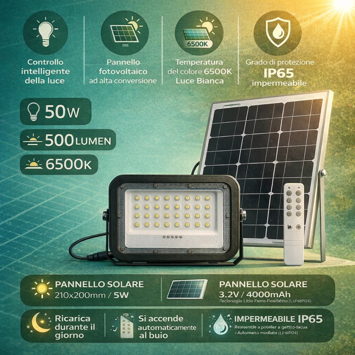 Faro LED Solare Esterno IP65 con Pannello 50W 200W 300W