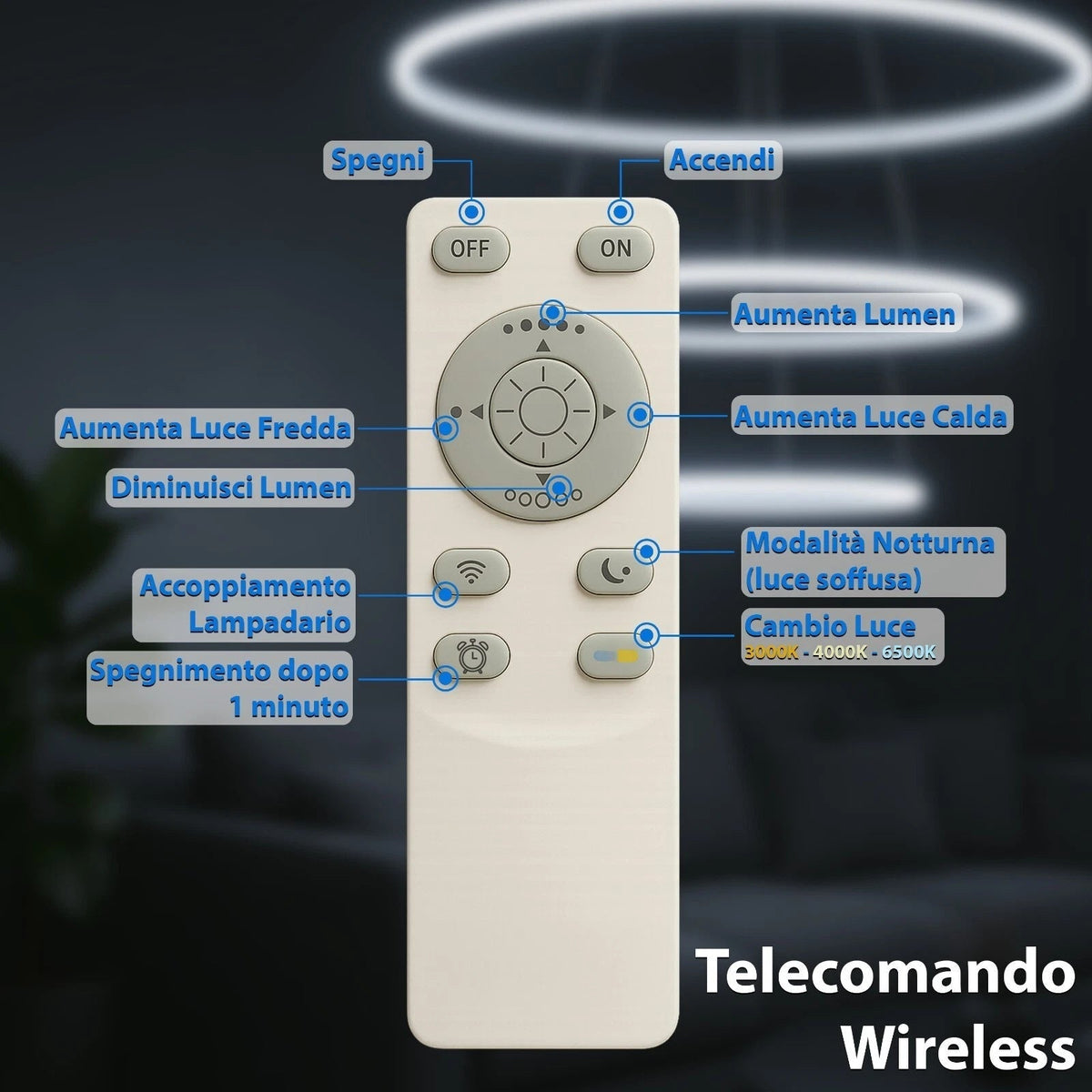 Lampadario LED bianco moderno a 3 anelli sospesi da soffitto 68W