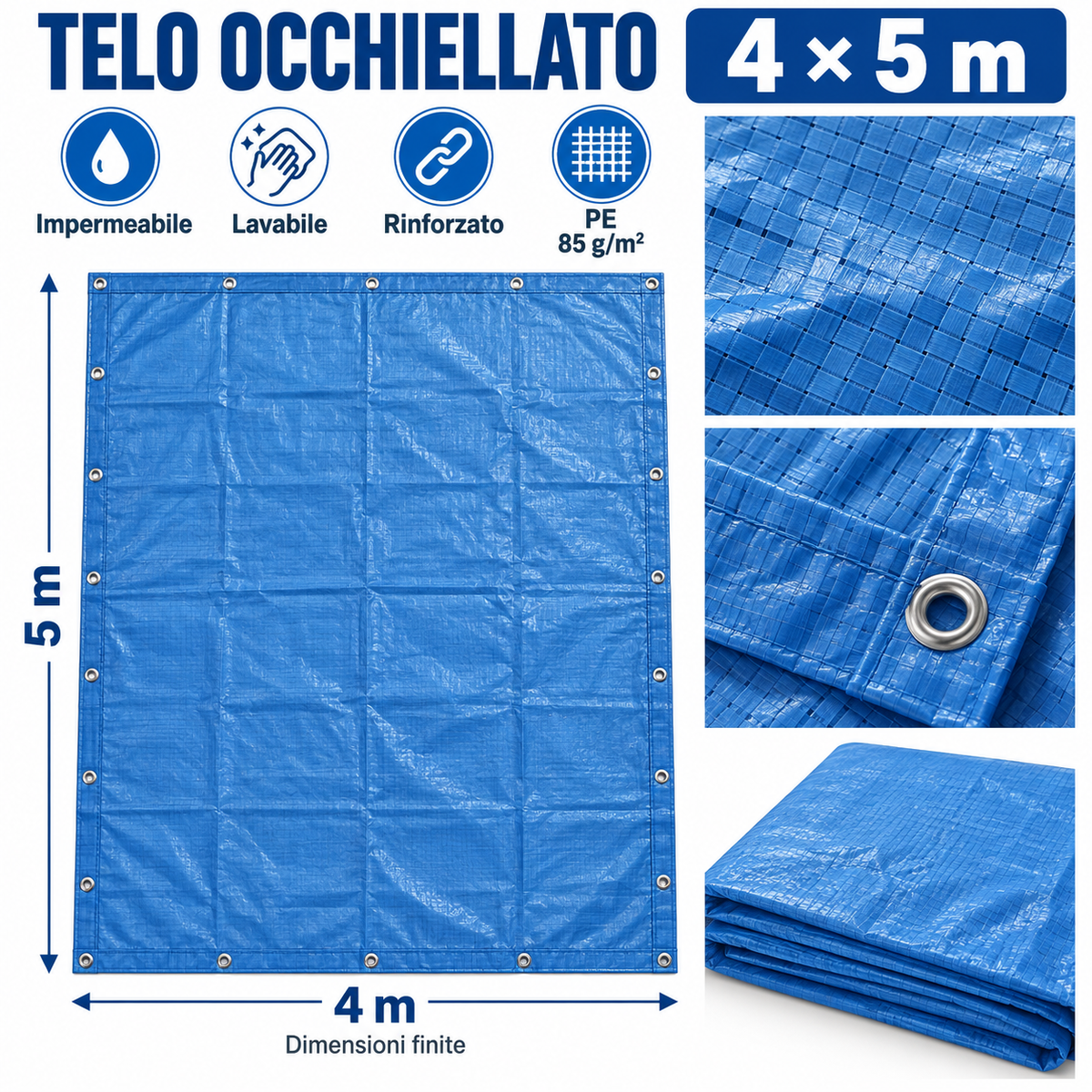 Telo occhiellato blu PE 4x5 metri 85 g/m² - immagine 2