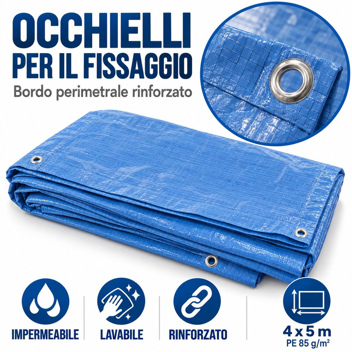 Telo occhiellato blu PE 4x5 metri 85 g/m² - immagine 4