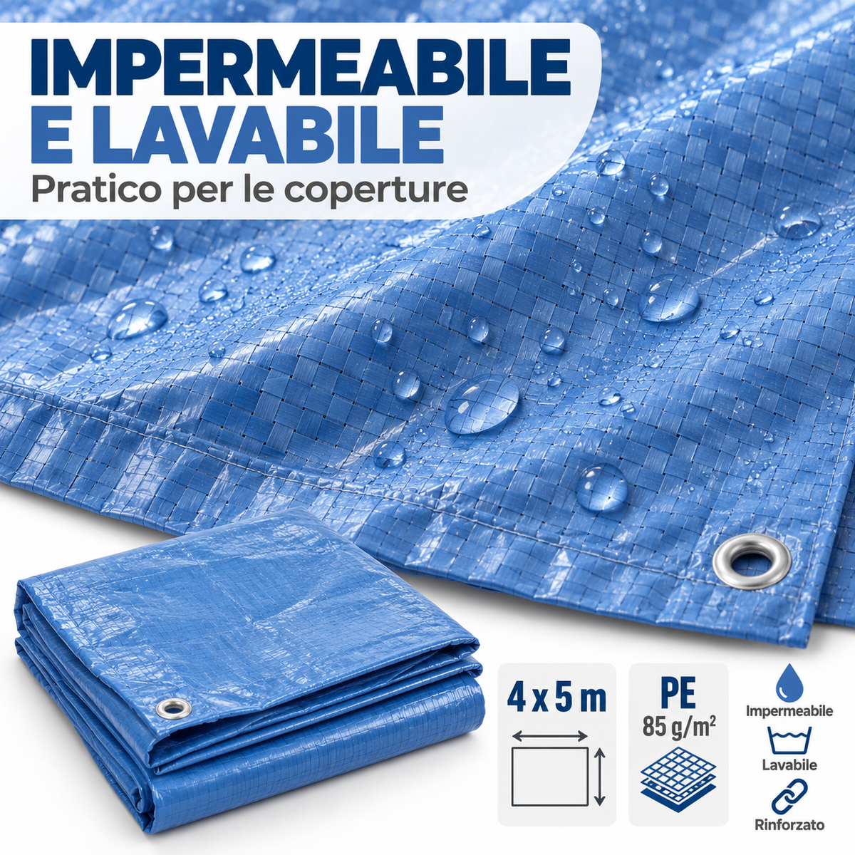 Telo occhiellato blu PE 4x5 metri 85 g/m² - immagine 5