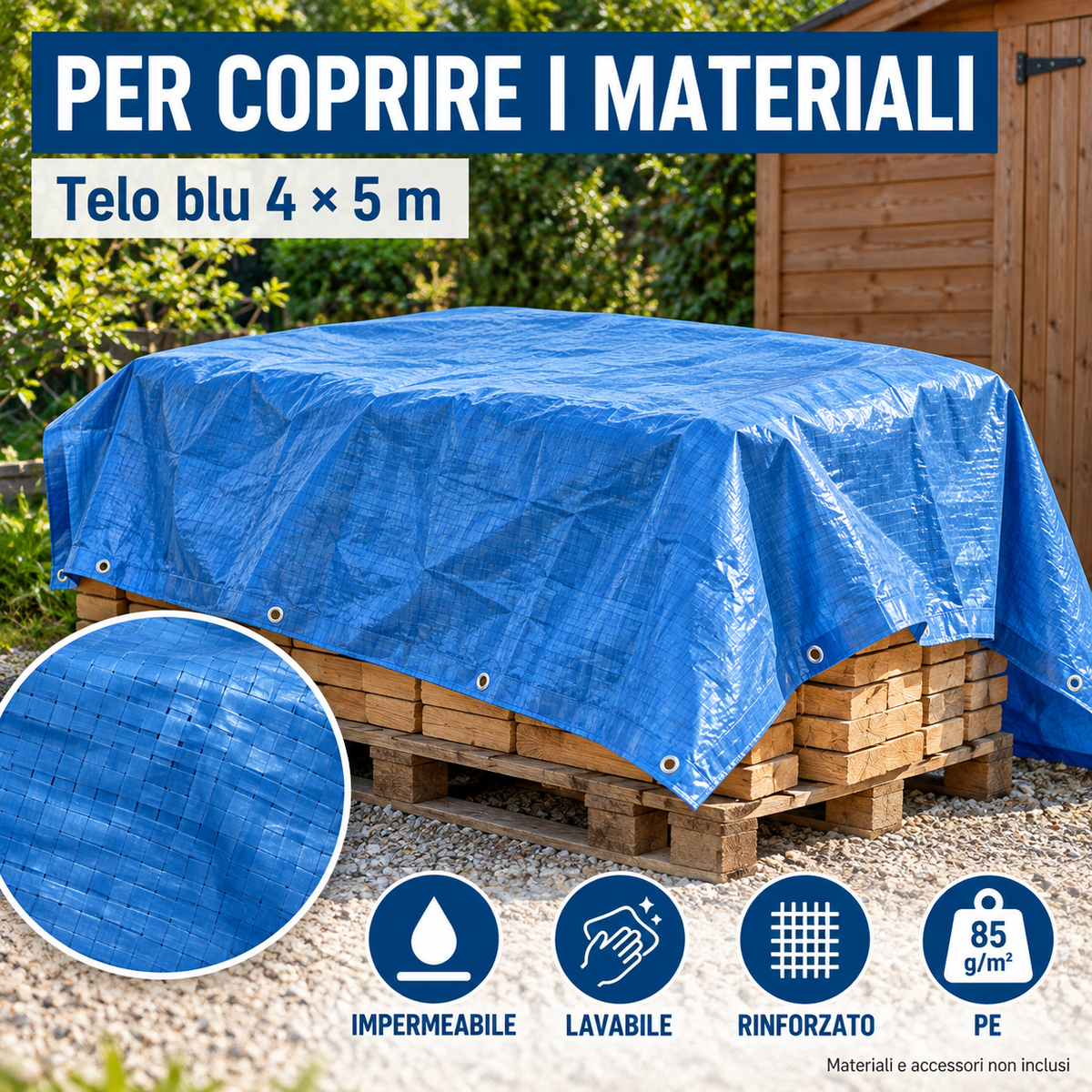 Telo occhiellato blu PE 4x5 metri 85 g/m² - immagine 7