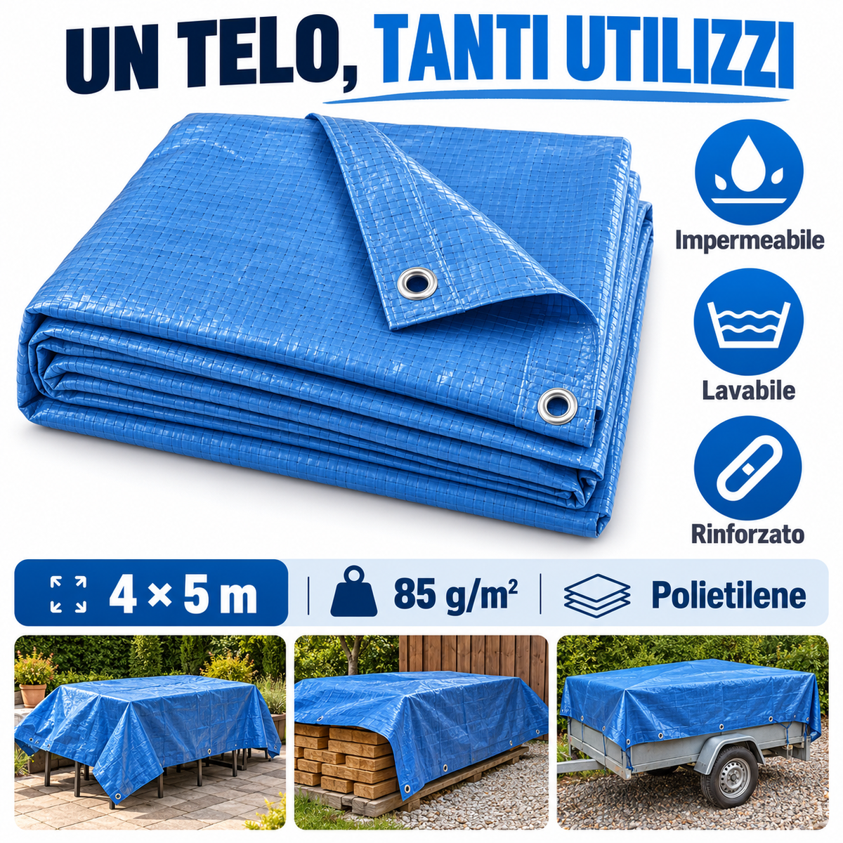 Telo occhiellato blu PE 4x5 metri 85 g/m² - immagine 9