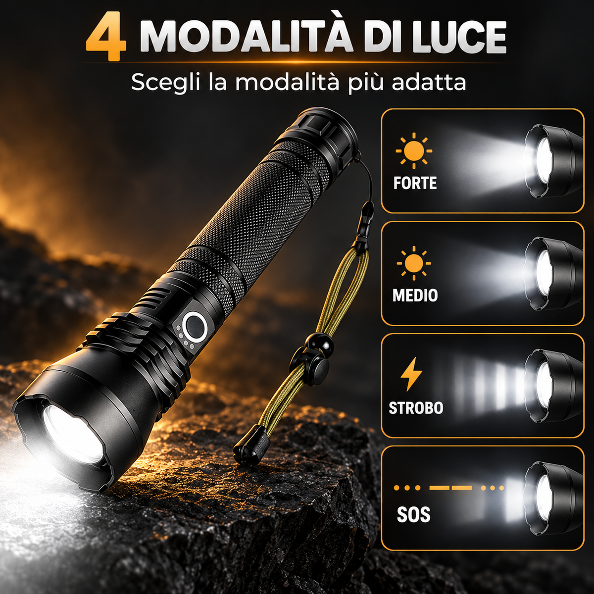 4 modalità forte medio strobo SOS