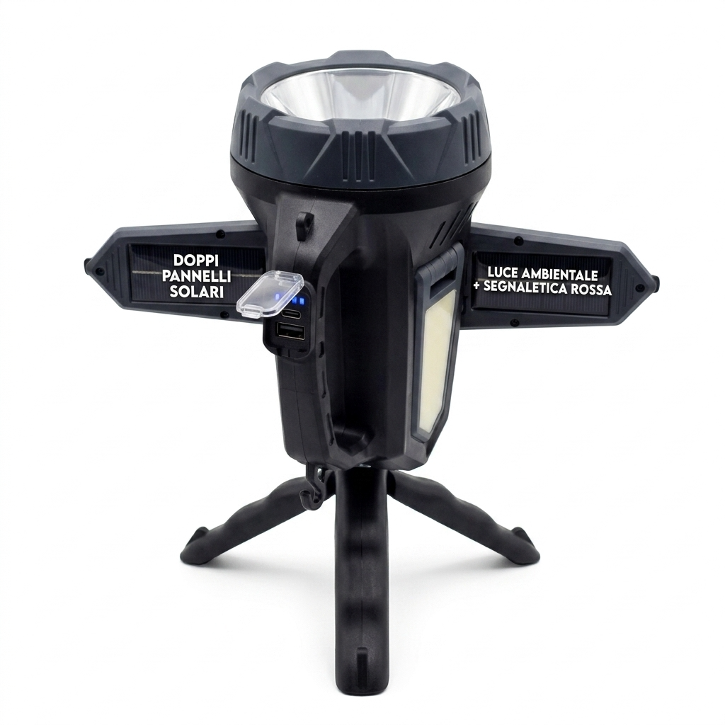 Torcia LED solare ricaricabile con treppiede e powerbank