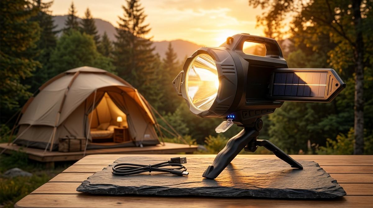 Torcia LED solare ricaricabile con treppiede e powerbank