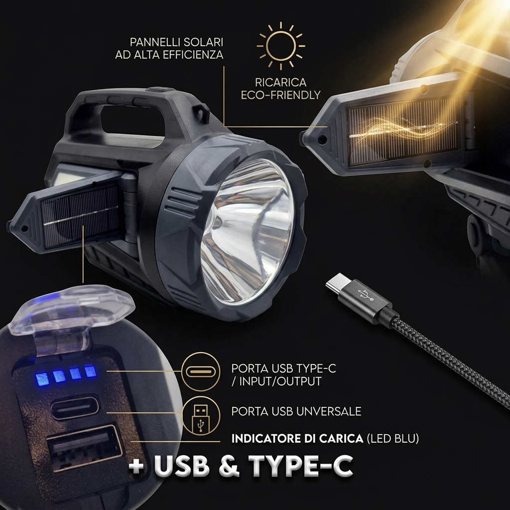 Torcia LED solare ricaricabile con treppiede e powerbank