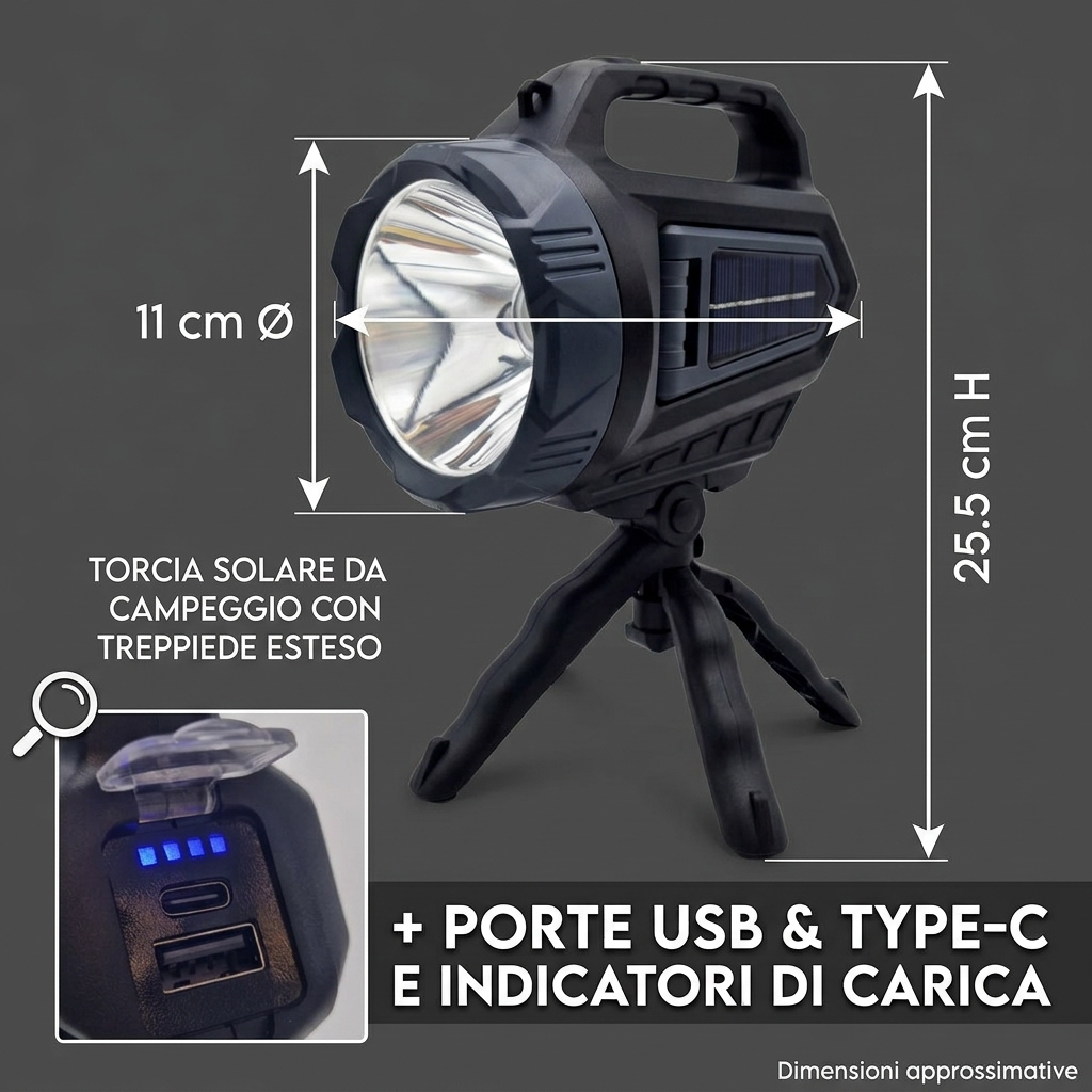 Torcia LED solare ricaricabile con treppiede e powerbank