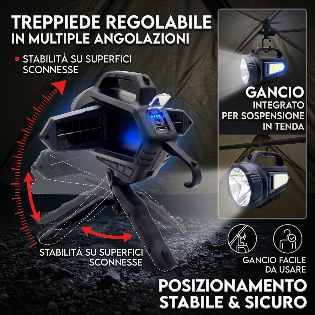 Torcia LED solare ricaricabile con treppiede e powerbank