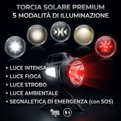 Torcia LED solare ricaricabile con treppiede e powerbank