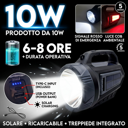 Torcia LED solare ricaricabile con treppiede e powerbank