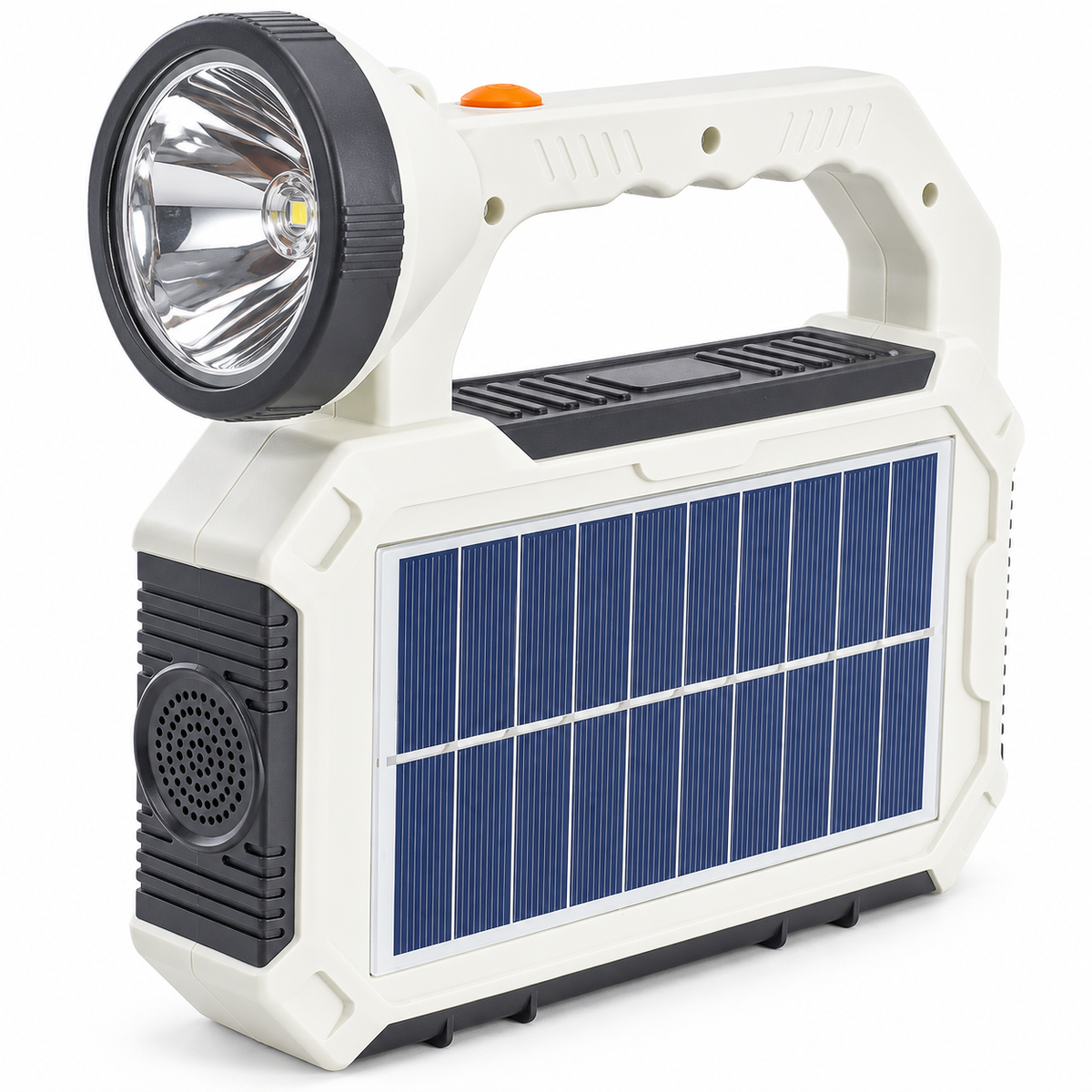Torcia solare bianca e grigia con faro frontale e pannello fotovoltaico