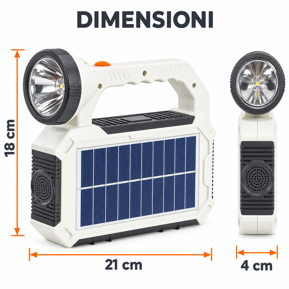 Dimensioni torcia solare: 21 x 18 x 4 cm