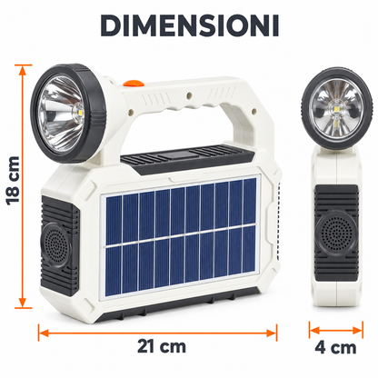 Dimensioni torcia solare: 21 x 18 x 4 cm