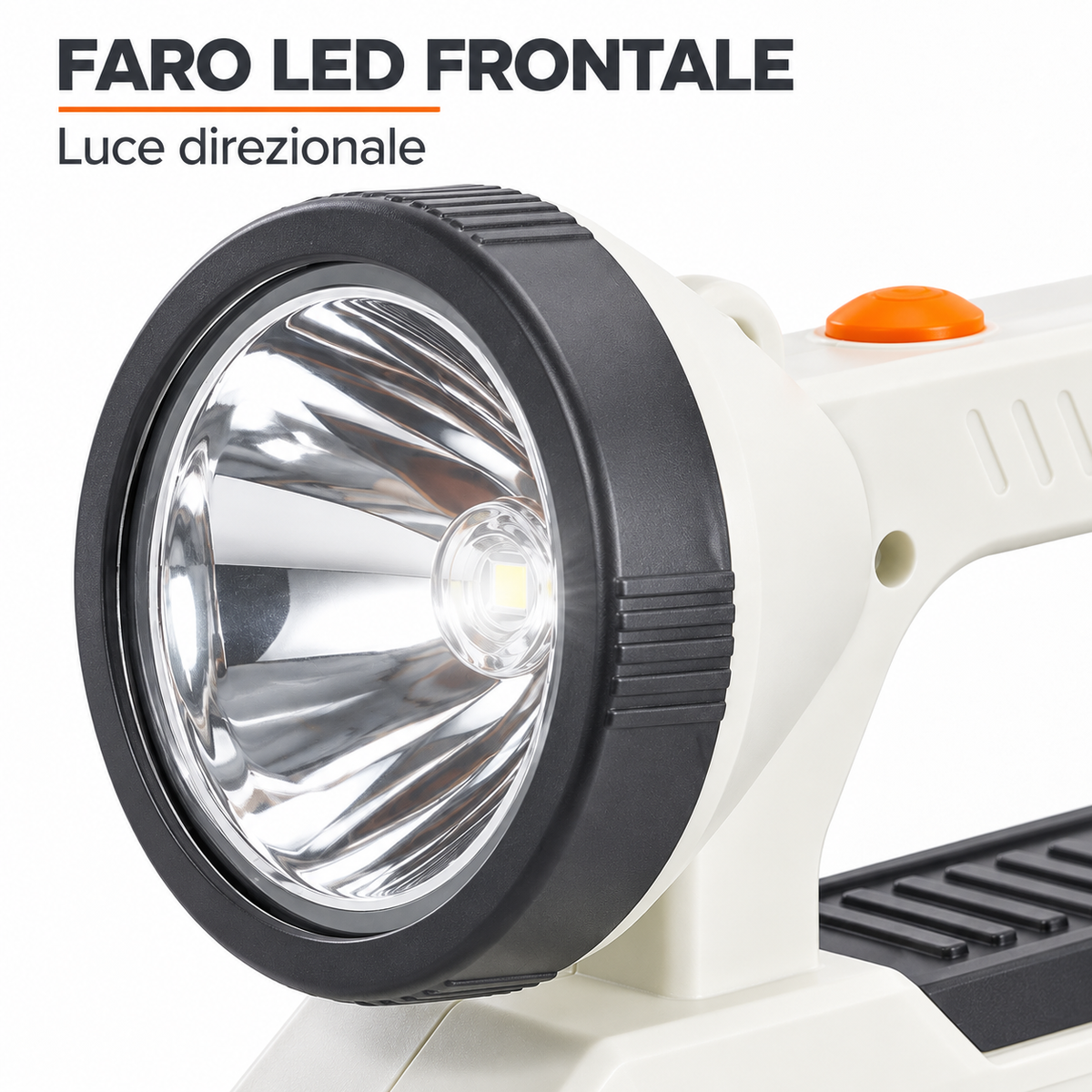 Dettaglio del faro LED frontale della torcia solare