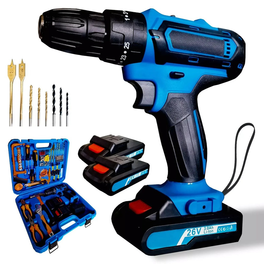 Trapano avvitatore MAKA 26V blu con valigetta, 2 batterie, punte e accessori inclusi.