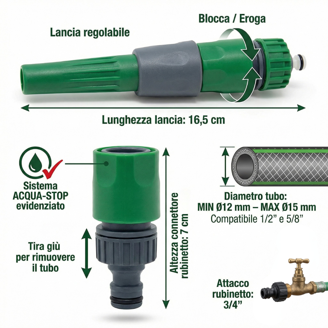 Kit Tubo Acqua Giardino 3 Strati con Raccordi Rapidi innesto rapido