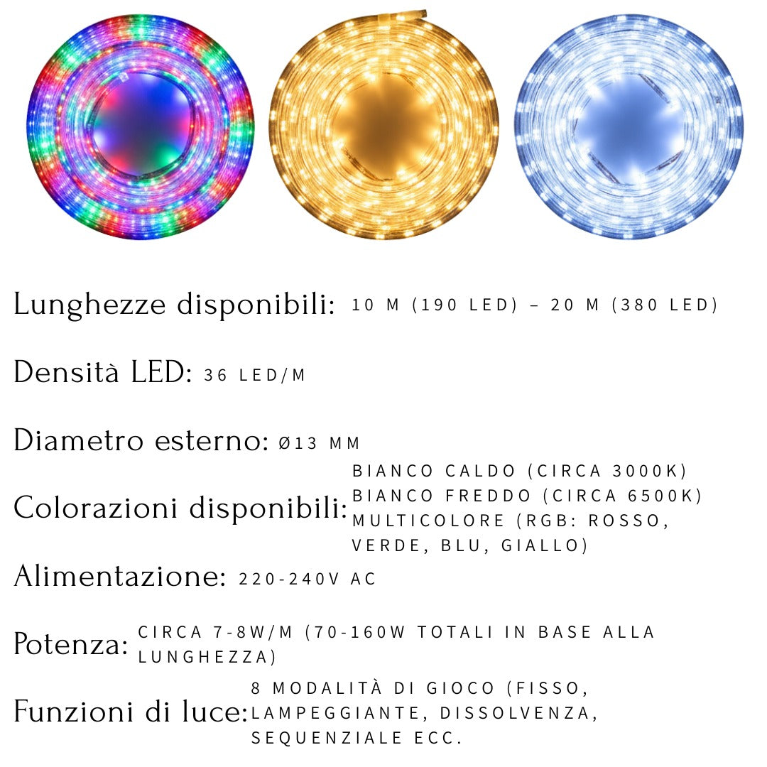 Tubo LED Luminoso 10/20m Multicolore IP65 Esterno Natale Festa Giardino Decorazioni