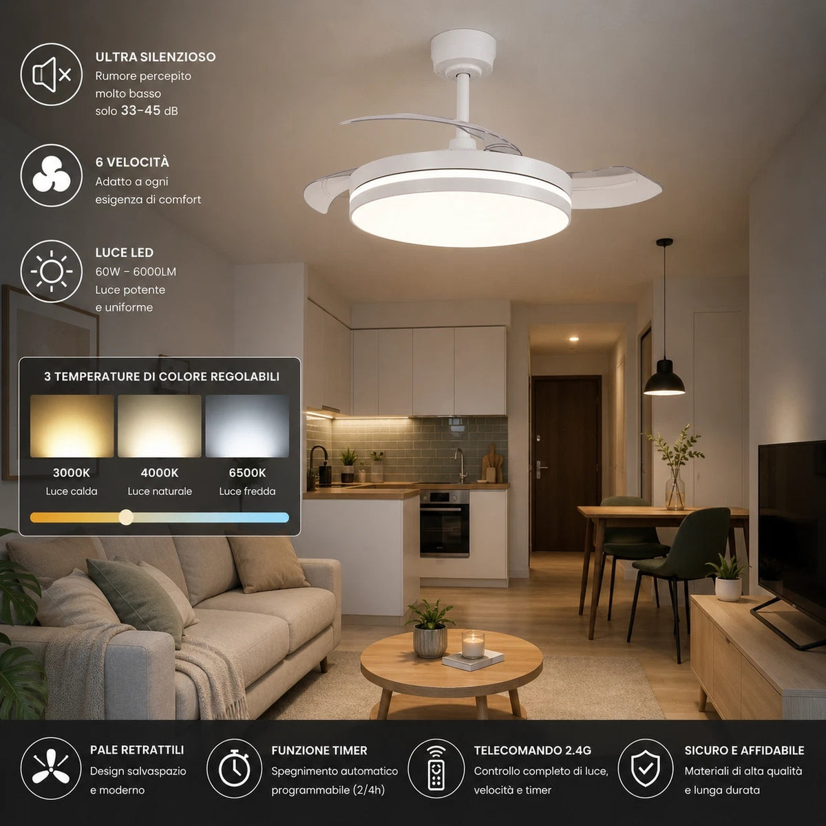 Ventilatore da Soffitto LED 60W con Pale Retrattili